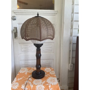 Vintage 70&#39;s Tropical BAMBOO LAMP Wicker Shade White Glass Globe Boho Chic