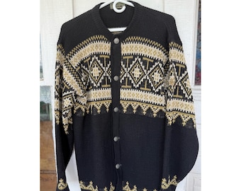 Vintage 50s Mens Nordstrikk Norway Cardigan  Sweater Black Tan Size L