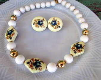 Vintage Porcelain blue floral Beaded necklace earring set