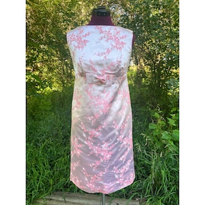 Vintage 1960s Dress Hong Kong Silk Cherry Bloom Brocade Pink S