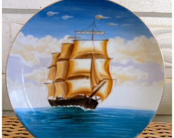 Vintage 40's Porcelain Japan Plate Hand Painted Clipper Ship 8"