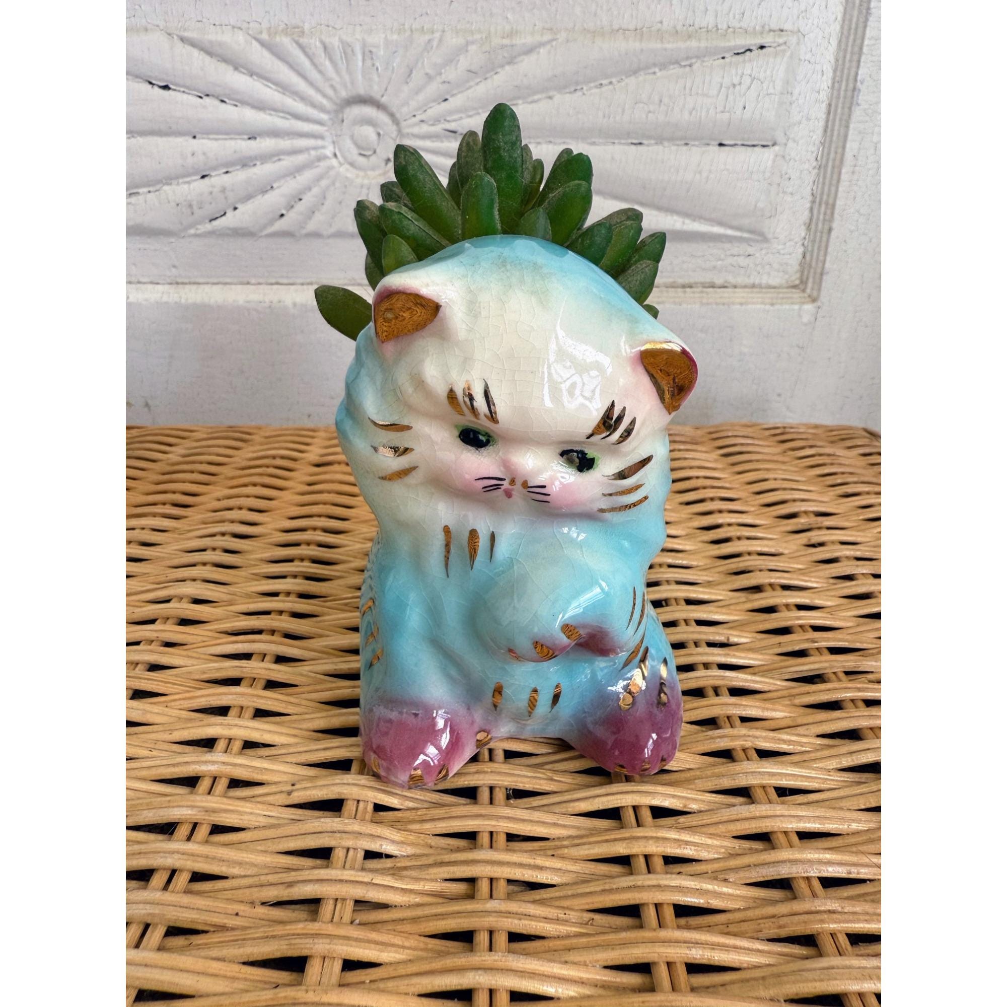 Vintage 50's Blue Ceramic Cat Kitten Planter Pot Vase Kitsch Retro