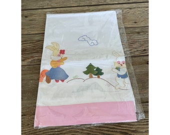 Vintage 1950s Cuna Hoja/Pillow Case set Apliques Conejitos Algodón NOS