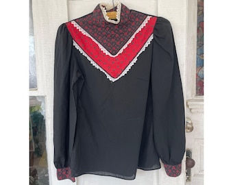 Vintage 1970s High Collar Prairie Blouse Black Red Size Small