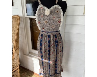 Vintage 50's Cotton Blue Tan Floral Striped Ticking Full Apron Cottage Farm