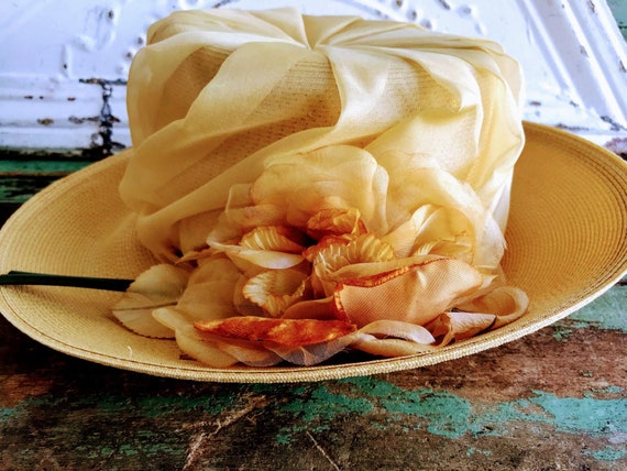Vintage Mustard Big Flower Wide Brim Straw Hat Wi… - image 3