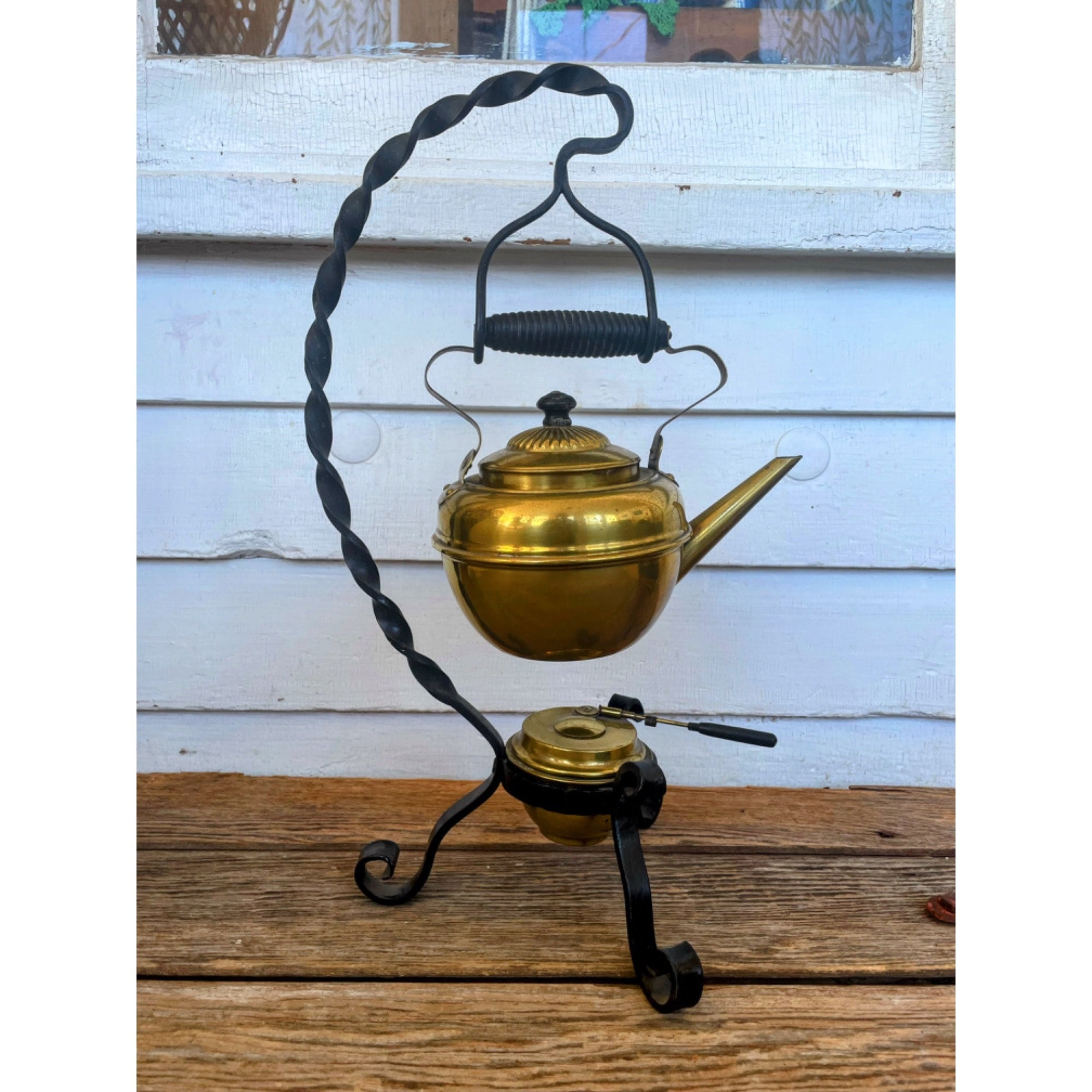 Antique Brass Teapot Kettle With Burner Twisted Iron Stand 1890's