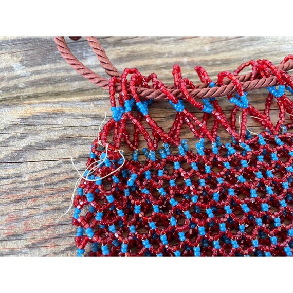 Antique Glass Beaded Pouch Draw String Purse Red … - image 4