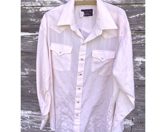 Vintage 1970s Mens Western Pearl Snap Shirt Baby Pink Panhandle Slim 17.5-35"