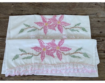 Vintage pair PIllow cases Embroidery Cross Stitch Pink Flowers
