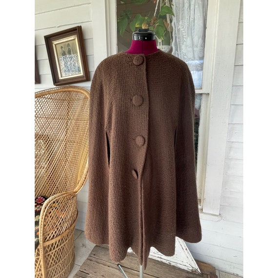 Vintage 1960 Brown Wool Long Button Cape MOD One … - image 1