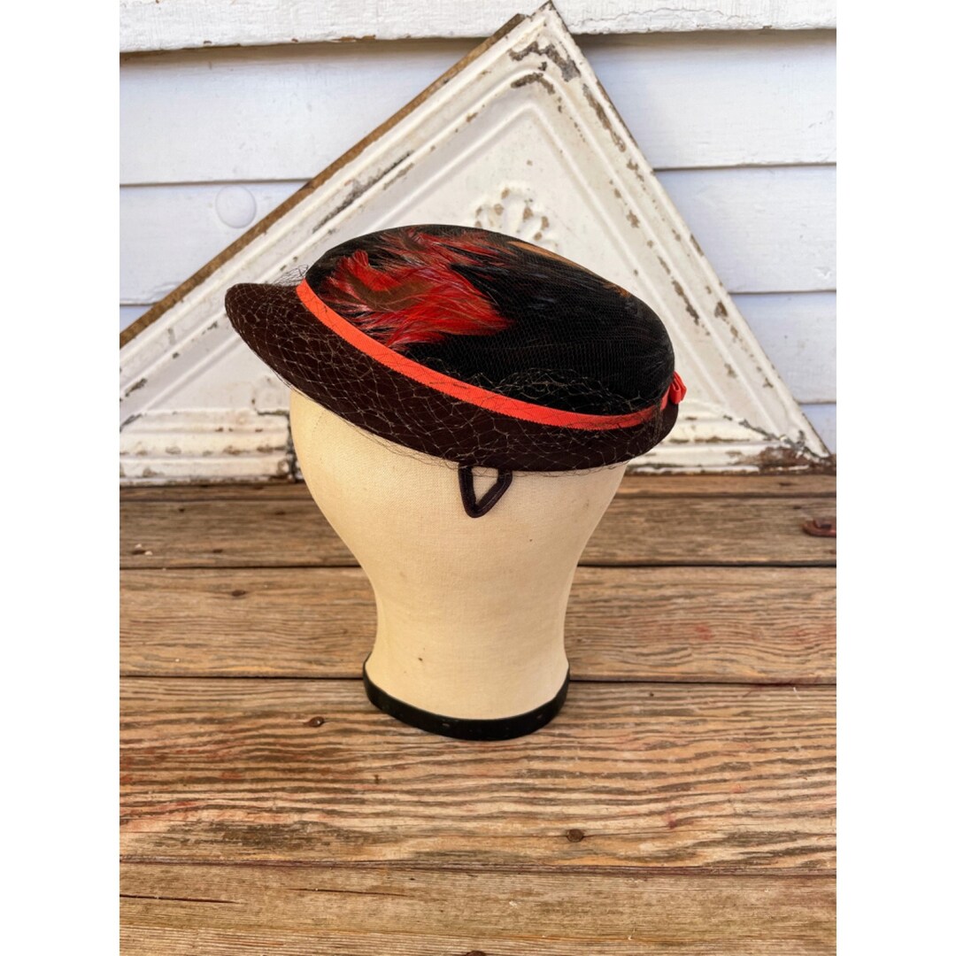 Vintage 1940s HAt Brown Wool Dyed Orange Peasant Feathers Vintage 1940s Hat Brown Wool Dyed Orange Peasant Feathers - Etsy main image 4