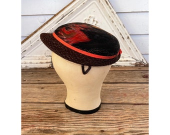 Vintage Feather Hat - Union Made in USA - Orange, Green, and 