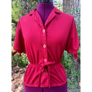 Vintage 1970s Womens Blouse Elastic Waist Tied Sleeves MOD Retro