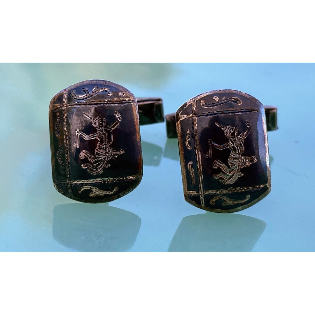 Boutons De Manchette Vintage En Argent Sterling Et Vert - Référence 41416