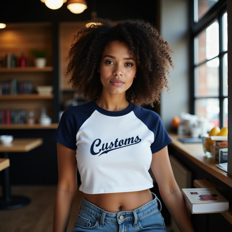 Woman at a major league baseball game wearing a custom baseball style cropped raglan baby tee with pinstripes in a design that would be great for the New York Yankees, Cleveland Guardians, Detroit Tigers, Houston Astros, Kansas City Royals, Los Angeles Angels, Seattle Mariners, St Louis Cardinals, Tampa Bay Rays, Toronto Blue Jays, Reno Aces, Round Rock Express, Somerset Patriots, Durham Bulls, St. Paul Saints, Round Rock Express, Syracuse Mets, Lehigh Valley IronPigs, and the San Jose Giants.