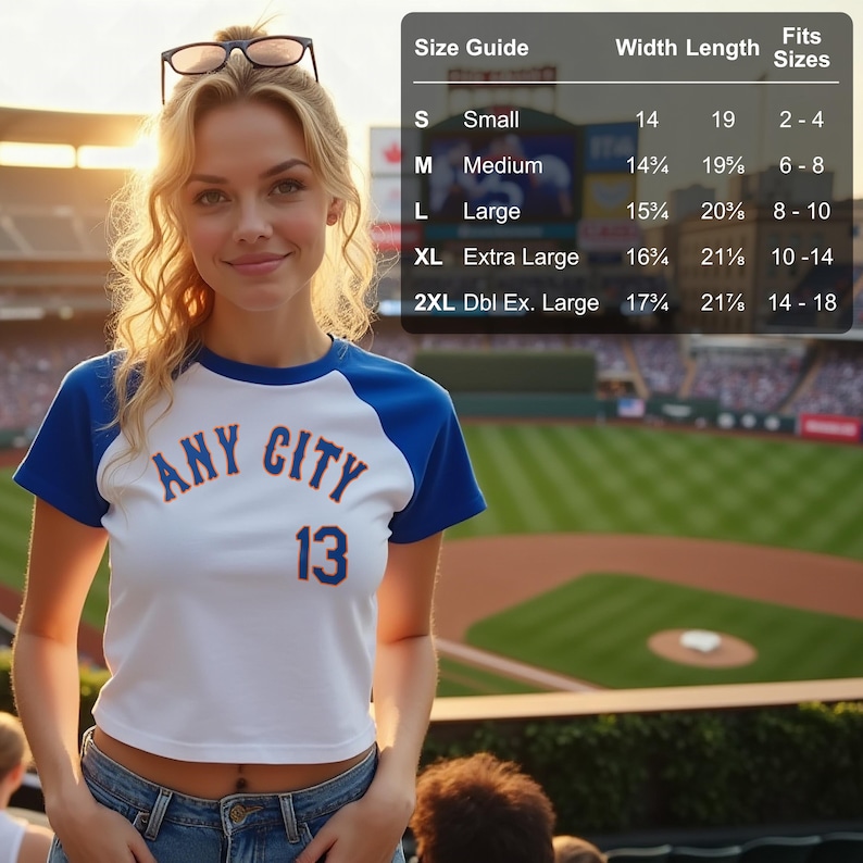 Stand out in this custom white raglan baby tee with royal blue cap sleeves and Mets-inspired lettering! Perfect for New York Mets fans and teams with similar orange and blue colors like the Detroit Tigers, Chicago Bears, Houston Astros, and Miami Marlins (City Connect), plus Syracuse Mets, Binghamton Rumble Ponies, Brooklyn Cyclones, St. Lucie Mets, Oklahoma City Dodgers, and Norfolk Tides. Customize for your favorite team—ideal for game day, tailgates, or stadium style! Sizes from S to 2XL.