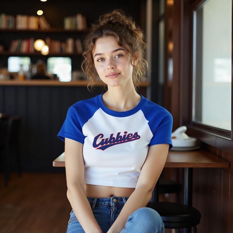 Woman at a major league baseball game rocking a custom baseball style cropped raglan baby tee with royal blue sleeves that work for the Atlanta Braves, Boston Red Sox, Chicago Cubs, Cleveland Guardians, Anaheim Angels, Los Angeles Dodgers, Miami Marlins, Minnesota Twins, Philadelphia Phillies, St. Louis Cardinals, Texas Rangers, Toronto Blue Jays, Memphis Redbirds, Harrisburg Senators, Binghamton Rumble Ponies, Spokane Indians, Jacksonville Jumbo Shrimp, South Bend Cubs, and Knoxville Smokies.