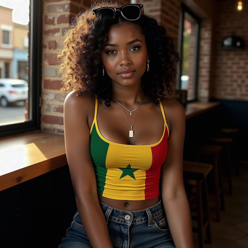 Celebrate Senegal in this vibrant adjustable strap tank, perfect for AFCON, World Cup matches, concerts, and cultural festivals. Featuring boxing pioneer Battling Siki. Also great for Ghana, Mali, Guinea, Cameroon, Ethiopia, and Bolivia—ideal for bold green-yellow-red color combinations and global football pride.