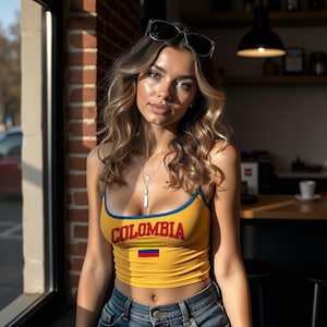Celebrate Colombia in this yellow adjustable spaghetti strap tank with bold blue straps, featuring “Colombia” above the Colombian flag. Perfect for Copa América, World Cup watch parties, the Olympics, summer festivals, travel, and soccer match days. Lightweight with a customizable fit for warm weather. Also great for fans of Venezuela, Ecuador, Sweden, Ukraine, Kazakhstan, Bosnia and Herzegovina, Barbados, Palau, and Nauru—perfect for showing blue-and-yellow flag pride year-round.