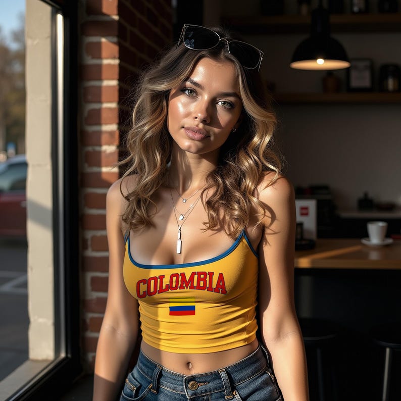 Celebrate Colombia in this yellow adjustable spaghetti strap tank with bold blue straps, featuring “Colombia” above the Colombian flag. Perfect for Copa América, World Cup watch parties, the Olympics, summer festivals, travel, and soccer match days. Lightweight with a customizable fit for warm weather. Also great for fans of Venezuela, Ecuador, Sweden, Ukraine, Kazakhstan, Bosnia and Herzegovina, Barbados, Palau, and Nauru—perfect for showing blue-and-yellow flag pride year-round.