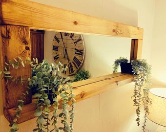 Espejo rústico de madera hecho a mano con estante / Espejo de pared con acabado encerado de roble inglés