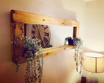 Espejo de roble inglés encerado hecho a mano con estante / Decoración rústica de recibidor estilo casa de campo