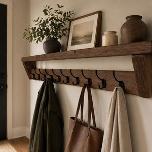 May include: A wooden wall-mounted shelf unit with a row of black hooks. A framed landscape picture, a vase, and a small jar are on the shelf. A green jacket, a brown leather tote bag, and a beige towel hang from the hooks. The unit is on a light-coloured wall.