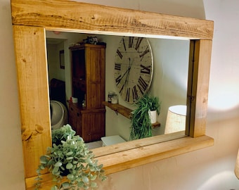Rustic reclaimed wood English Oak Wax Mirror with Shelf: Handcrafted Wooden Wall Decor