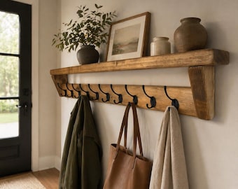 Perchero rústico de madera con ganchos, organizador de entrada estilo granja, almacenamiento de madera encerada