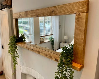Handmade wooden waxed mirror with a shelf | Bathroom Mirror | Bedroom Mirror | Holiday Home Mirror | Hallway Mirror | Kitchen Mirror |