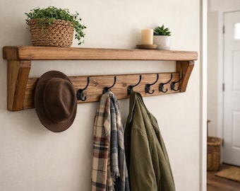 Perchero rústico con estante: ganchos de pared de madera hechos a mano para la entrada