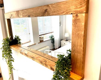 Espejo rústico de madera hecho a mano con estante / Acabado en cera de roble inglés Decoración del hogar