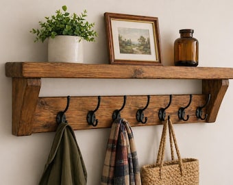 Perchero rústico / Estante de pared de madera reciclada con ganchos / Perchero de entrada estilo granja / Estante de madera encerada / Almacenamiento para pasillo