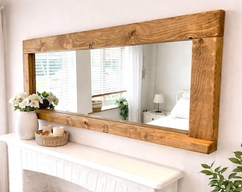 Espejo de roble inglés hecho a mano con estante: baño rústico, decoración de entrada encerado en un hermoso roble inglés disponible en muchos tamaños