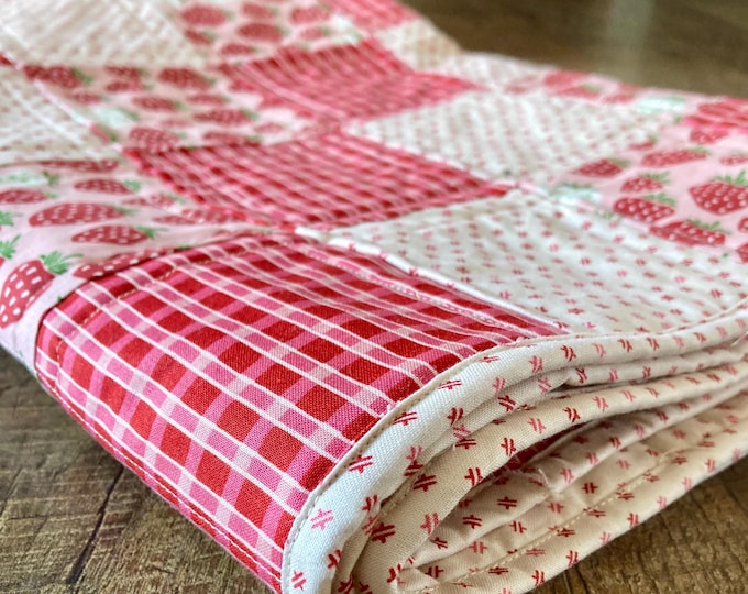 DIY Quilt Kit - Pink Strawberry Quilt Includes Fabric Squares & Instructions- Crib Quilt Kit, baby girl quilt, valentines day quilt