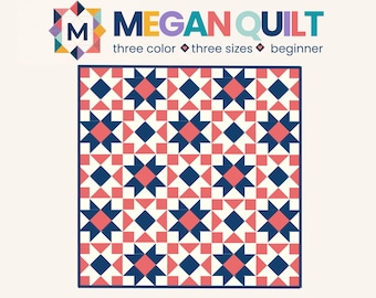 May include: A quilt pattern titled MEGAN QUILT with the text three color three sizes beginner. The design features a repeating geometric star motif in navy blue, coral pink, and cream, arranged in a square grid with a dark blue border.