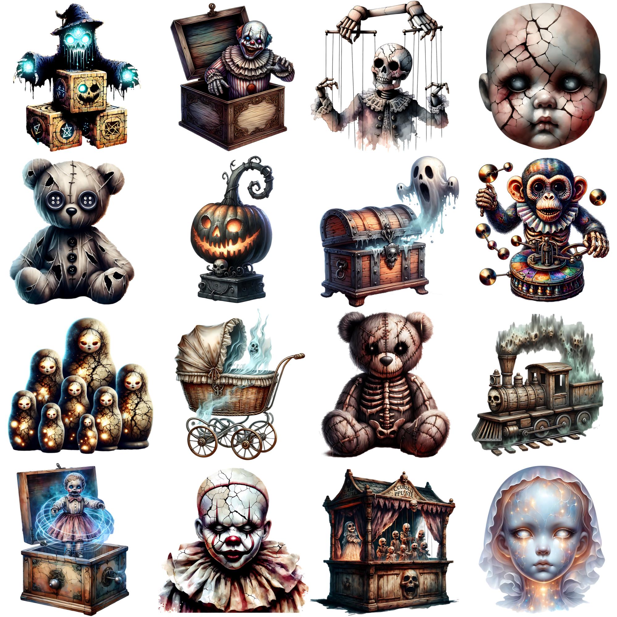 Haunted Toys Clipart, 48 PNG Bundle, Creepy Doll Graphics, Halloween ...
