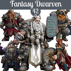 May include: A collection of fantasy dwarf characters in various poses. The image features detailed illustrations of dwarves with beards, armor, and weapons. The text "Fantasy Dwarven" and "42 png" are at the top.