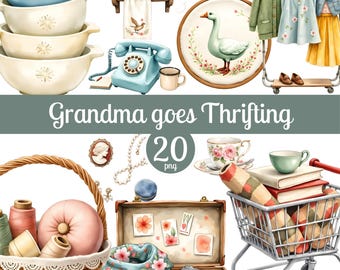 Paquete de imágenes prediseñadas de abuelas de segunda mano: ilustraciones vintage de tiendas de segunda mano, PNG de 300 DPI