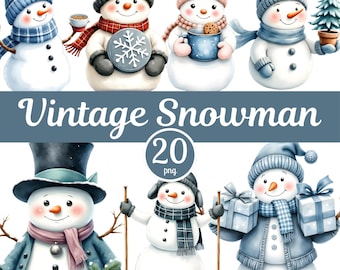 Vintage Schneemann PNG Clipart, Festlicher Winter Schneemann, 20 Aquarell Schneemann Designs, Weihnachten PNG, Digital Download zum Basteln