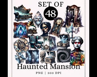 May include: A collection of 48 digital illustrations with a haunted mansion theme. The images include antique furniture, portraits, clocks, and ghostly figures. The text "Haunted Mansion" is displayed below the images.