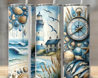 Nautische beker wrap png, 20 oz vuurtoren beker sublimatie, kustkompas beker ontwerp, Ocean Beach beker wrap, zeeschelp png