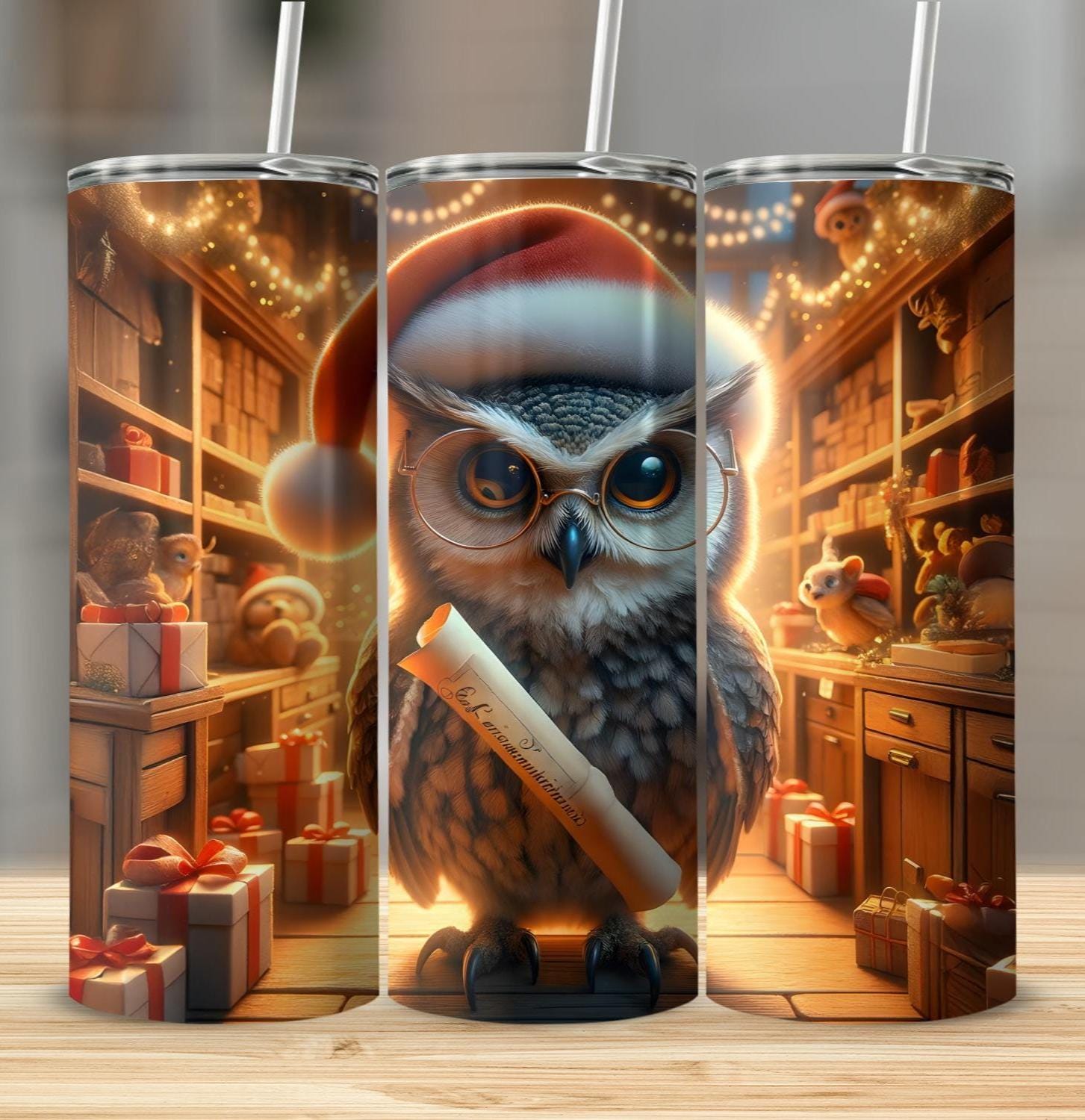 Christmas Owl Tumbler Wrap, Santa Hat Owl Design, 20oz Skinny Tumbler Digital, Cute Owl Gift, Holida