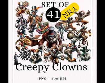 Creepy Clowns Bundle 1, 41 PNG Designs, Horror Art, Scary Clown Clip Art, Circus Clowns Bundle, Dark Halloween, Printable Graphics