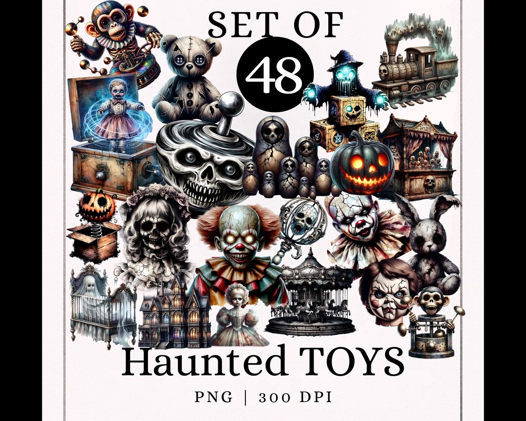 Haunted Toys Clipart, 48 PNG Bundle, Creepy Doll Graphics, Halloween ...