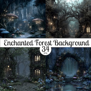Pode incluir: Uma colagem de arte digital com quatro cenas de uma floresta encantada. As cenas retratam casas de cogumelos caprichosas, luzes brilhantes e uma atmosfera mística. O texto diz "Enchanted Forest Background 34 png."