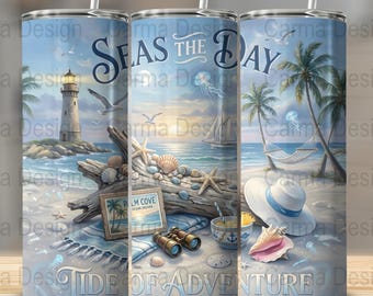 Coastal Beach Tumbler Wrap, Seas the Day, sublimatie PNG, 20oz skinny Tumbler, digitale download, Summer Beach, Sea Life Design