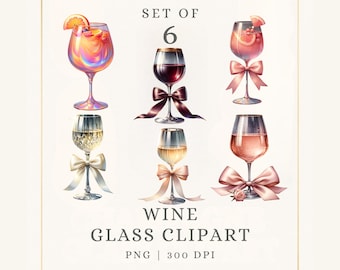 Clipart aquarelle verre à vin, PNG Transparent 300 DPI, 6 pièces, lot de verres à vin, téléchargement immédiat pour faire-parts et scrapbooking
