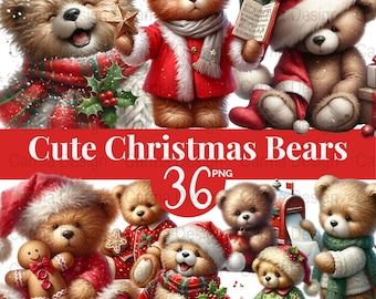 Cute Christmas Bears Clipart Bundle, 36 PNG, 300 DPI, Holiday Teddy Bear, Festive Designs, Christmas Clipart, Transparent Background